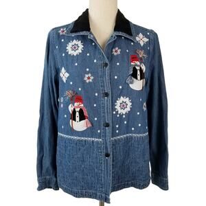 Quizz Again Company Blue Denim Snowman Shirt Shacket Embroidered Vintage  Medium